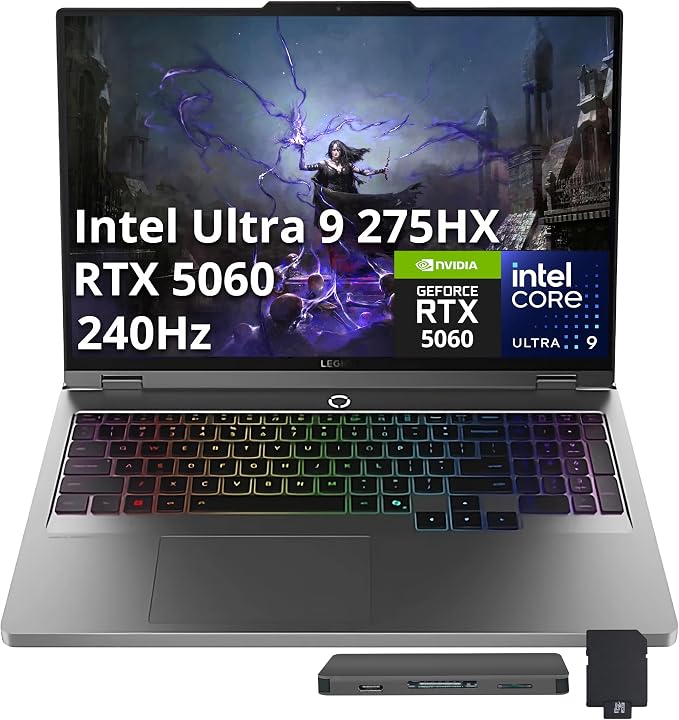 Lenovo Legion 5 16" WQXGA 240Hz Gaming Laptop, Intel Ultra 9 275HX, NVIDIA GeForce RTX 5060, 64GB DDR5, 3TB Storage (2TB SSD+1TB Docking Station Set), 24-Zone RGB Backlit Keyboard, Win 11 Pro, Gray