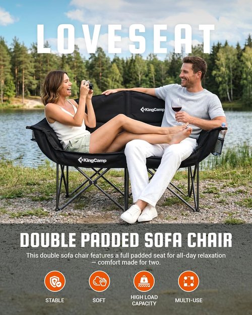 KingCamp Double Camping Chair - Oversized Heavy Duty 660lbs Loveseat for 2 | Portable Folding Couch with Cup Holder - Black