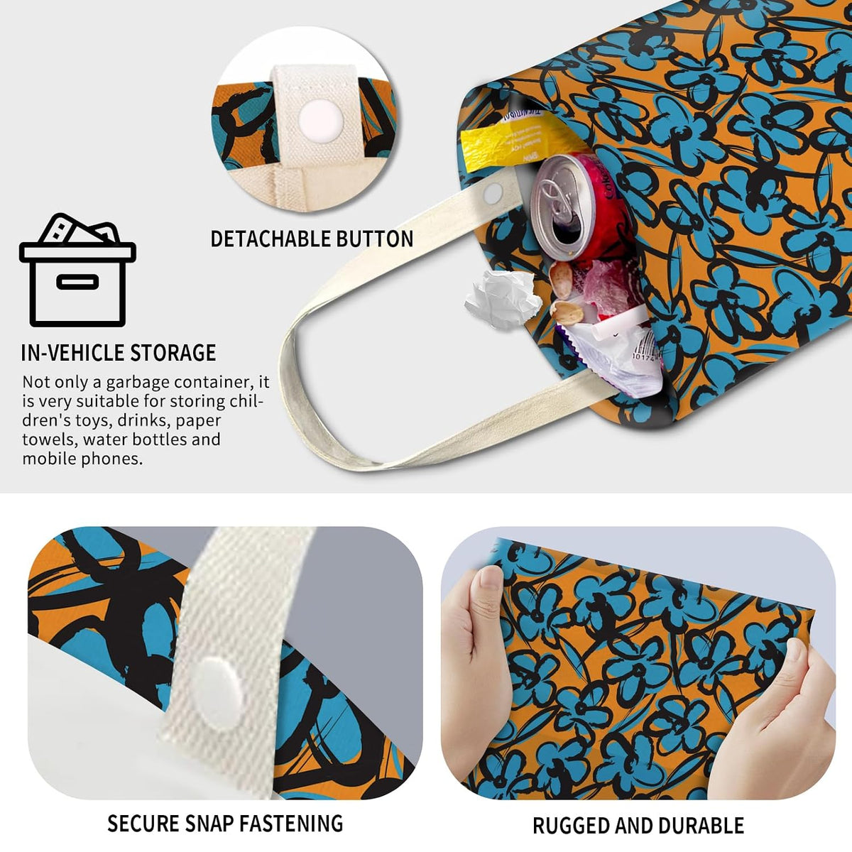 Cute Car Trash Can, Hanging Canvas Car Back Seat Organizer and Storage Bag, Funny Car Trash Bag For Travelling, Outdoor Abstract Blue Flowers