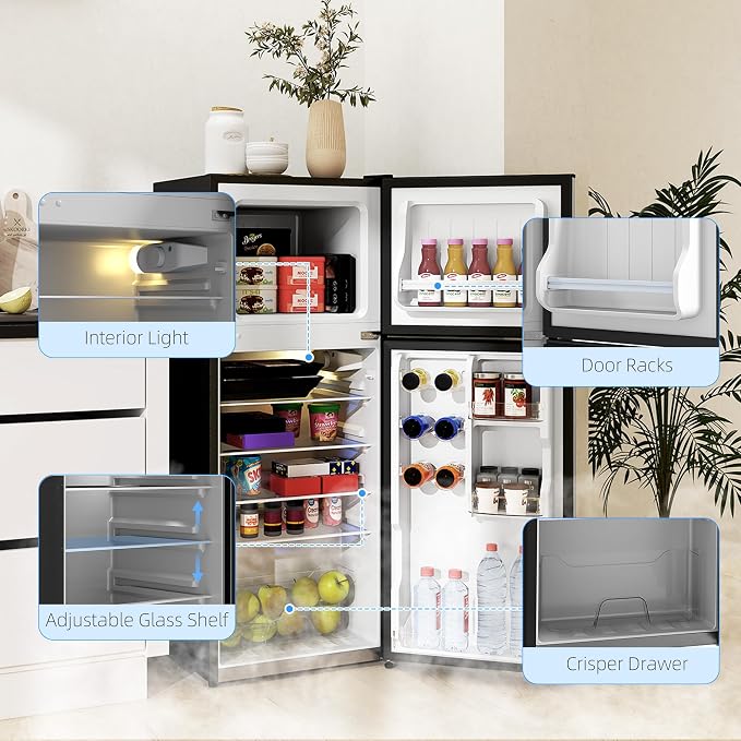 HOMCOM 4 Cu.Ft Mini Fridge with Freezer Double Reversible Silver | Compact Refrigerator, Adjustable Thermostat, Shelf, for Bedroom Dorm Home Office, Energy Efficient