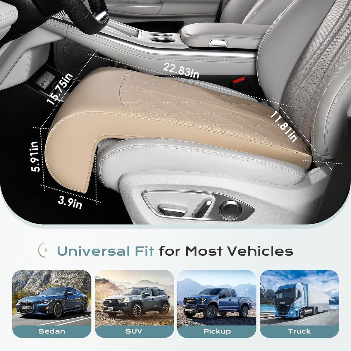 Coverado Car Seat Extender Leg Support, Leather Leg Support Cushion for Driving, Leg Extender Pad, Waterproof Car Seat Cushion Universal Fit for Most Cars, Beige