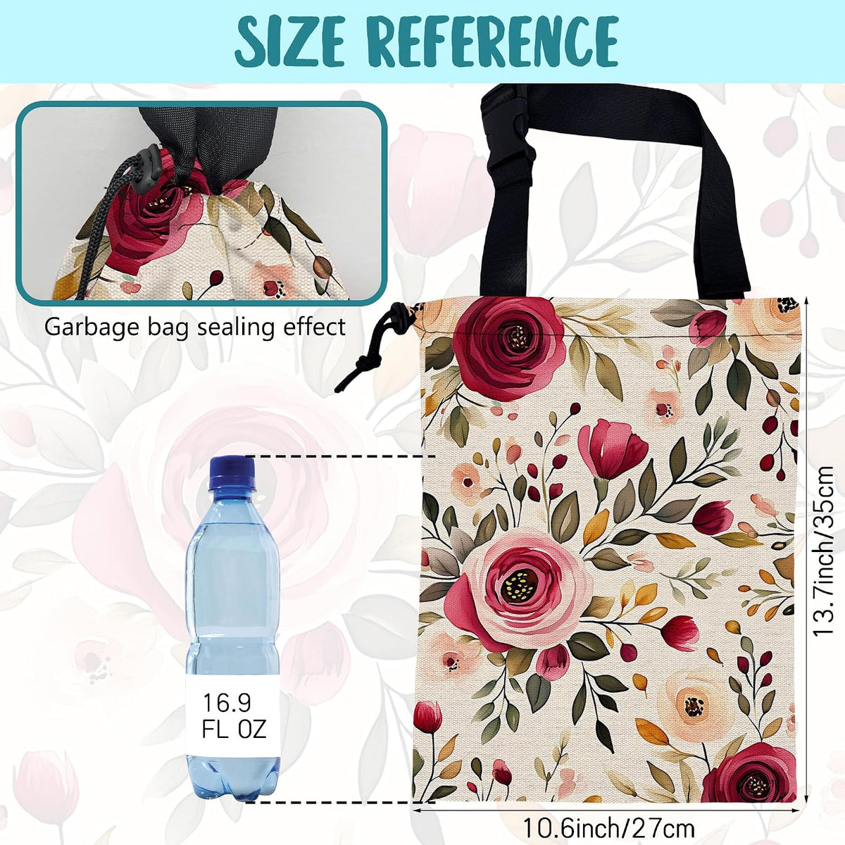 Car Garbage Bag Vintage Red and Pink Floral Hanging Canvas Car Trash Bag Drawstring Car Back Seat Organizer for Car Back Front Seat Console with Adjustable Buckle