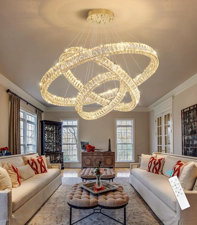 HAIXIANG Large Glam Chandelier Crystal LED 3 Rings Chandeliers Adjustable