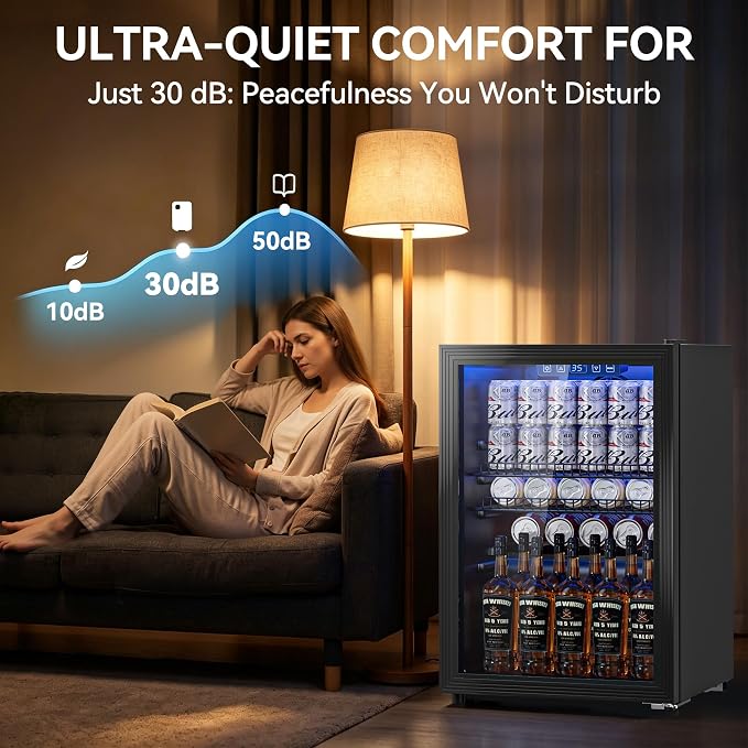Tehanld 2.5 Cu.Ft Beverage Fridge, Glass Door Mini Fridge, Black, 96 Can | Adjustable Shelves for Wine & Beer, Digital Temp, Holds Up to 96 Cans, Freestanding for Home & Office