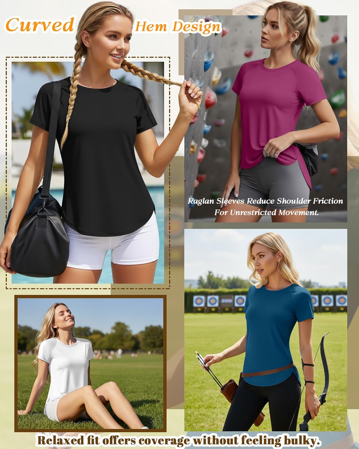 Oakgarden Women's Workout Tops - UV Protection, Quick Dry, Short Sleeve - 4 Pack Athletic Shirts