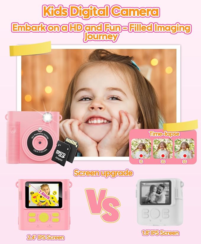 Kids Instant Print Camera Ages 3-12 1080P Selfie 2.4" Screen 32GB Gift Pink |