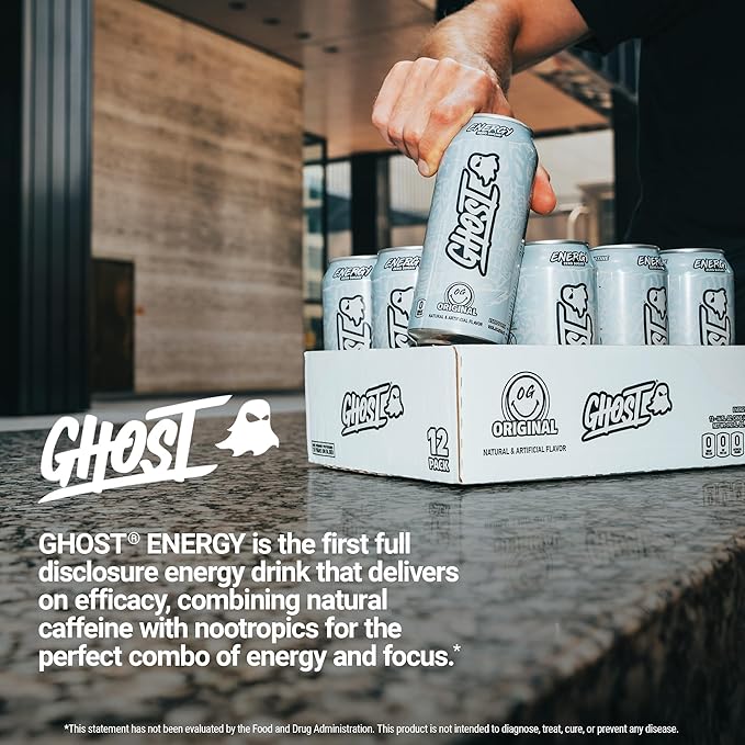 GHOST Energy Drink - 12-Pack, Original, 16oz - Energy & Focus & No Artificial Colors - 200mg of Natural Caffeine, L-Carnitine & Taurine - Gluten-Free & Vegan