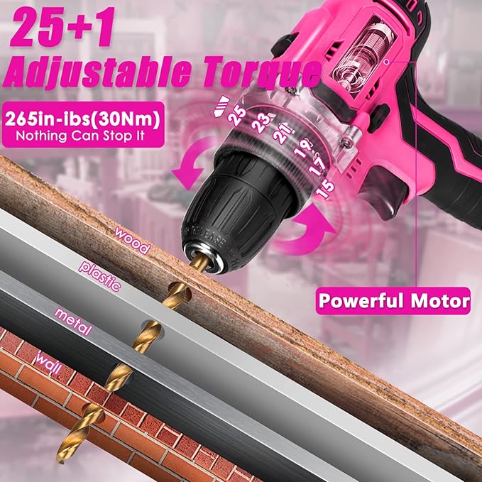 ThinkLearn Tool Kit with 20V Cordless Drill(265in-lbs), Pink Drill Set for Women, Lady's Home Tool Kit for DIY, Daily Repair Tool Set as a Creative Gift with a Large-Capacity Tool Storage Bag