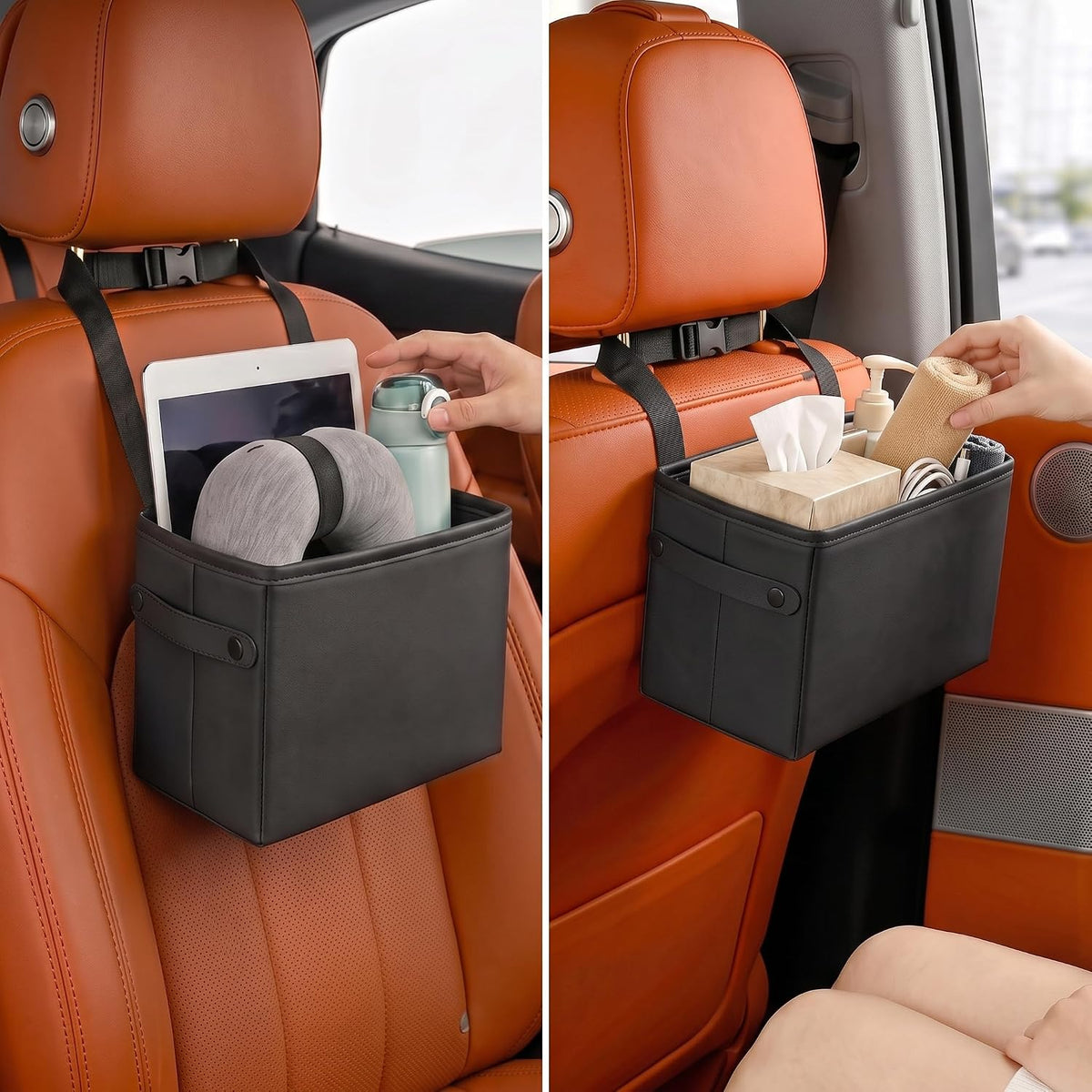 Car Seat Back Organizer, Hanging Leather Storage Caddy Kids, Black