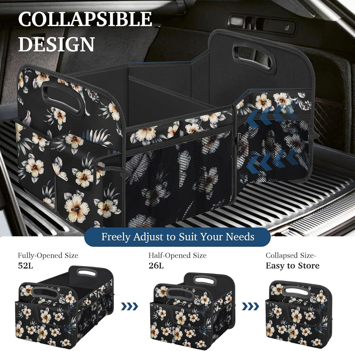 Femuar Car Trunk Organizer, Car Storage Organizer with Large Capacity Waterproof Collapsible Trunk Organizer for Car Suv/Jeep/Sedan (Hibiscus flowers, Standard)