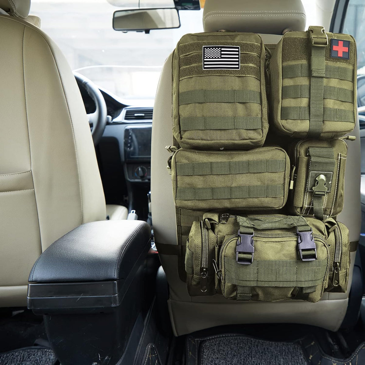 Universal Tactical Car Seat Back Organizer Bag Tactical Molle Vehicle Organizers Panel Vehicle Protector Organizers with 5 Detachable Pouches for Car Truck Ford Jeep (Army green)