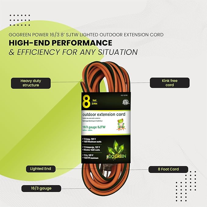 Go Green Power Inc. GG-13708 16/3 Heavy Duty Extension Cord-Orange, 8 ft