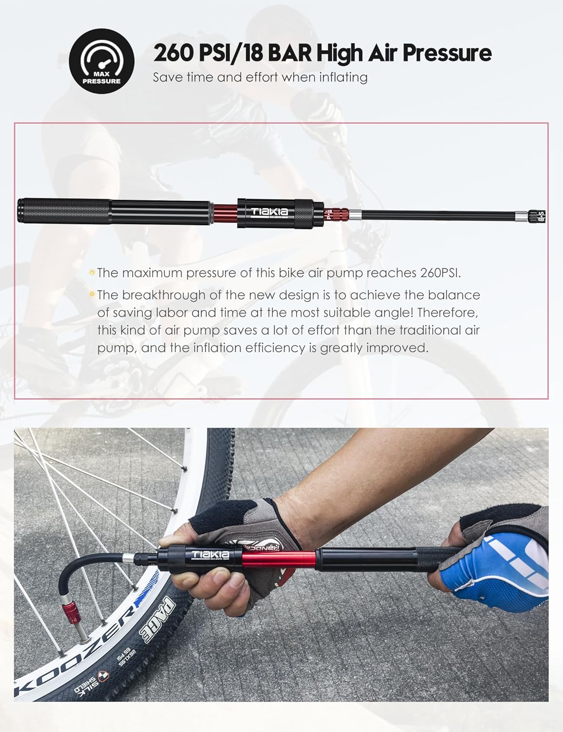 Tiakia Mini Bike Pump - Portable 260PSI High-Pressure Air Hand Pump for Presta & Schrader Valves | Aluminum Alloy Tire Pump for Road & Mountain Bikes