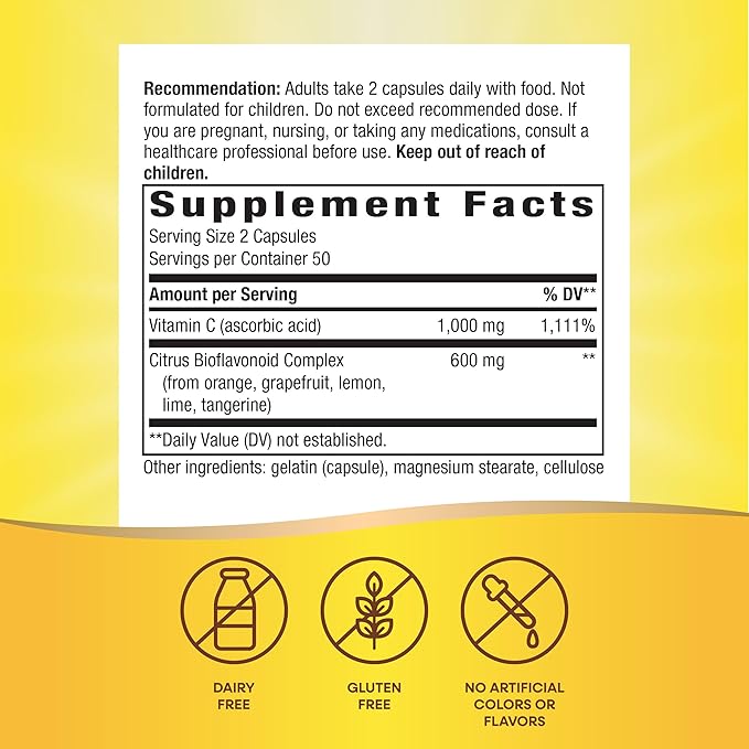Nature's Way Vitamin C with Bioflavonoids, Immune Support*, High Potency Vitamin C per 2-capsule serving, Promotes Collagen*, 1,000 mg per 2-Capsule Serving, 100 Capsules (Packaging May Vary)
