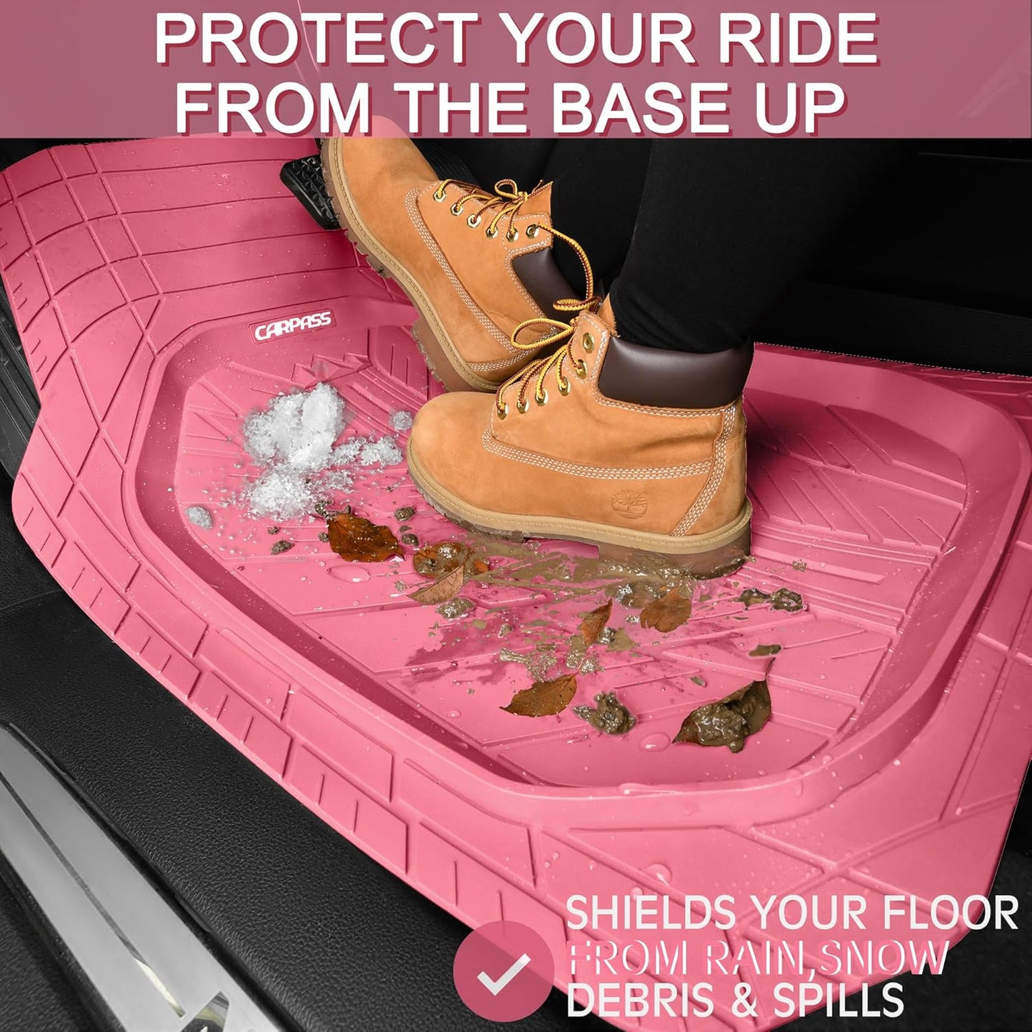 CAR PASS DeepDish Pink Floor Mats for Cars Full Set,Heavy Duty Rubber Car Mats 3-Piece,Universal Waterproof Trim-to Fit Automotive Floor Mats for Truck Van SUV, Durable All-Weather Car Mats (Pink)