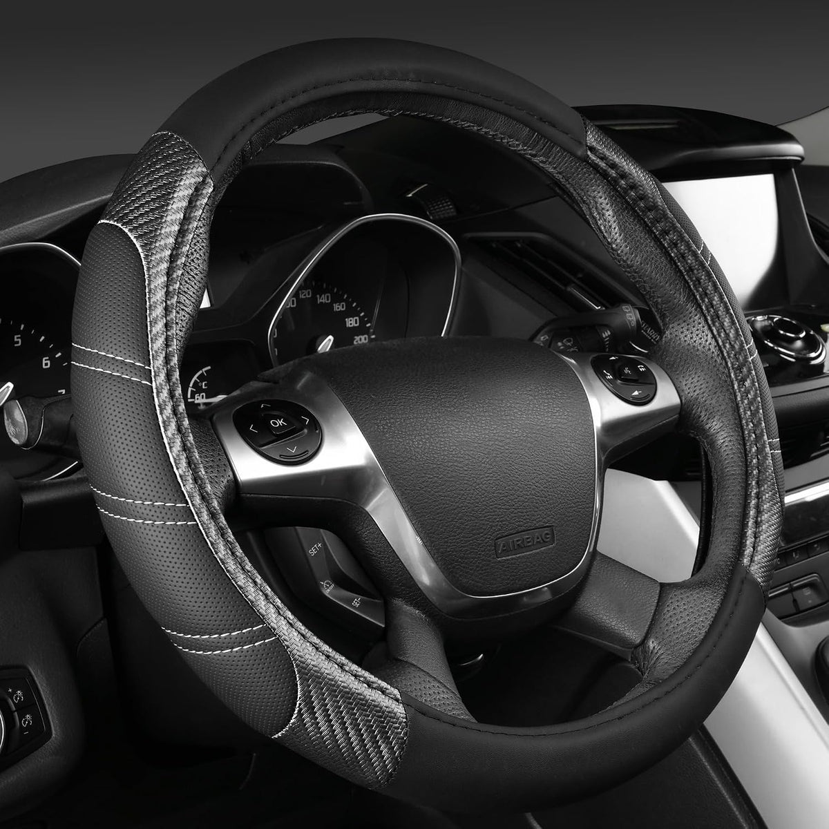 CAR PASS Leather Steering Wheel Cover and Waterproof Car Floor Mats,Microfiber Universal Car Combo Fit for 95% Sedan,SUV,Cars,14.5-15inch Sporty Anti-Slip Safety Comfortable Design(Carbon Fiber Black)