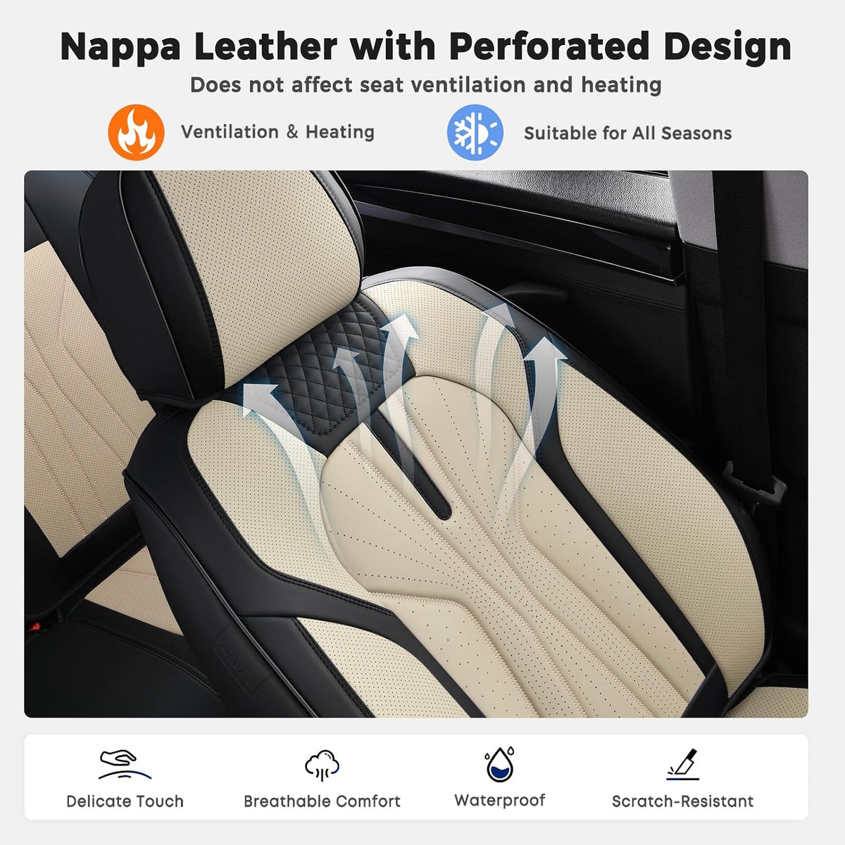 Huidasource Leather Car Seat Covers Full Set 5 Seats, Waterproof Faux Leather Front & Rear Seat Cover with Headrest, Non-Slip Automotive Seat Covers Fit for Most Cars Trucks SUV, Black&Beige