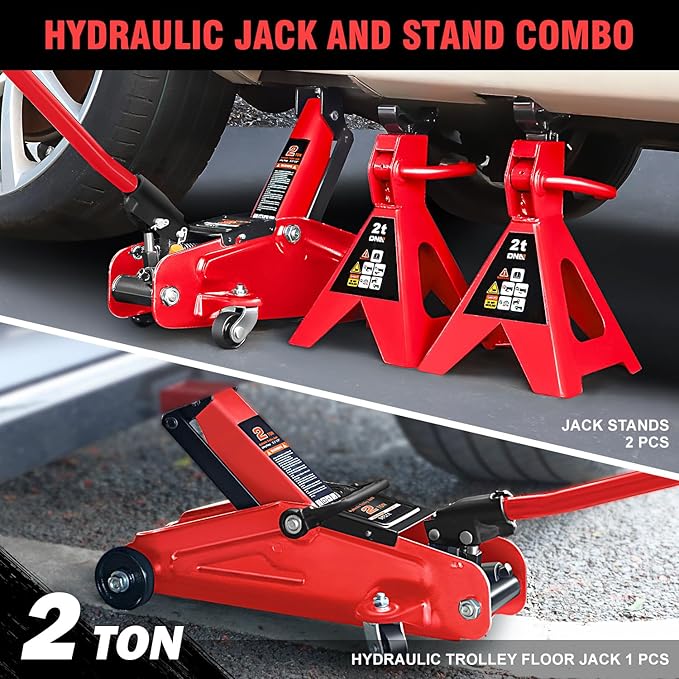 DNA Motoring 2 Ton Car Jack and Stands Kit 2T(4000 lbs) Capacity Low Profile Hydraulic Trolley Service/Floor Jack with 2 Ratchet Stands Combo for Home Garage Shop, Red, TOOLS-00476-RD
