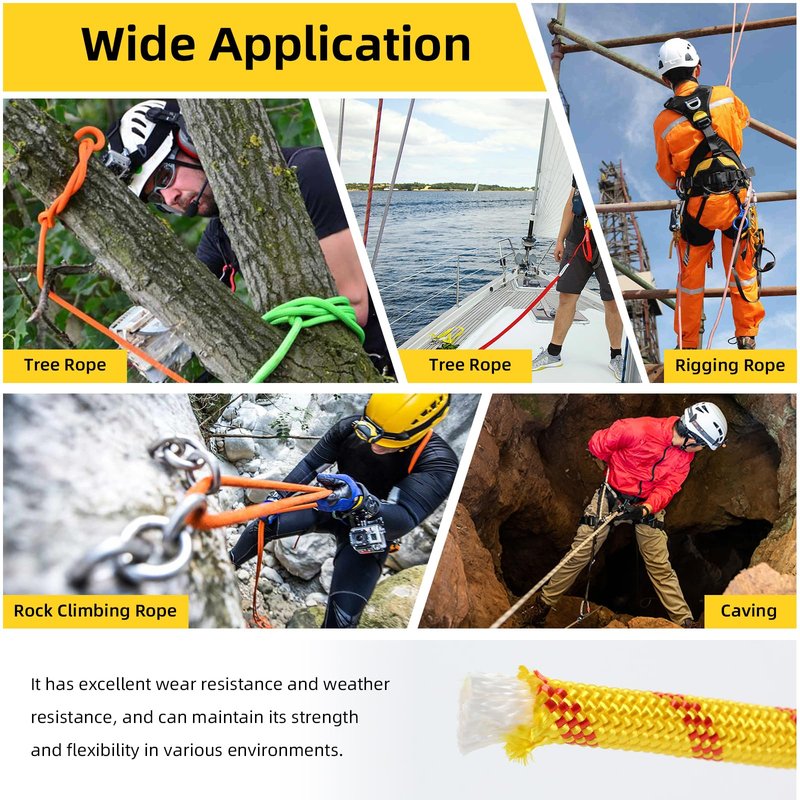 XINSHUNCAN Arborist Rope, 1/2 Inch x 50 Feet Double Braided Climbing Rope Polyester for Outdoor, Climbing, Hiking, Swing, Tree Work, Halyard, Sailing（Yellow）