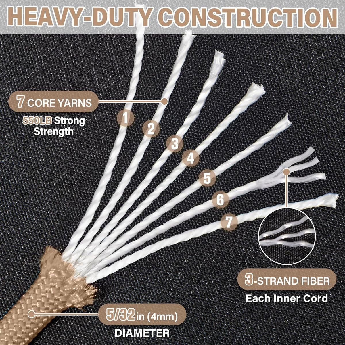 Paracord 550 lb - 500ft Heavy-Duty 7-Strand Parachute Cord | Versatile Khaki Rope for Survival, Camping, and Crafts