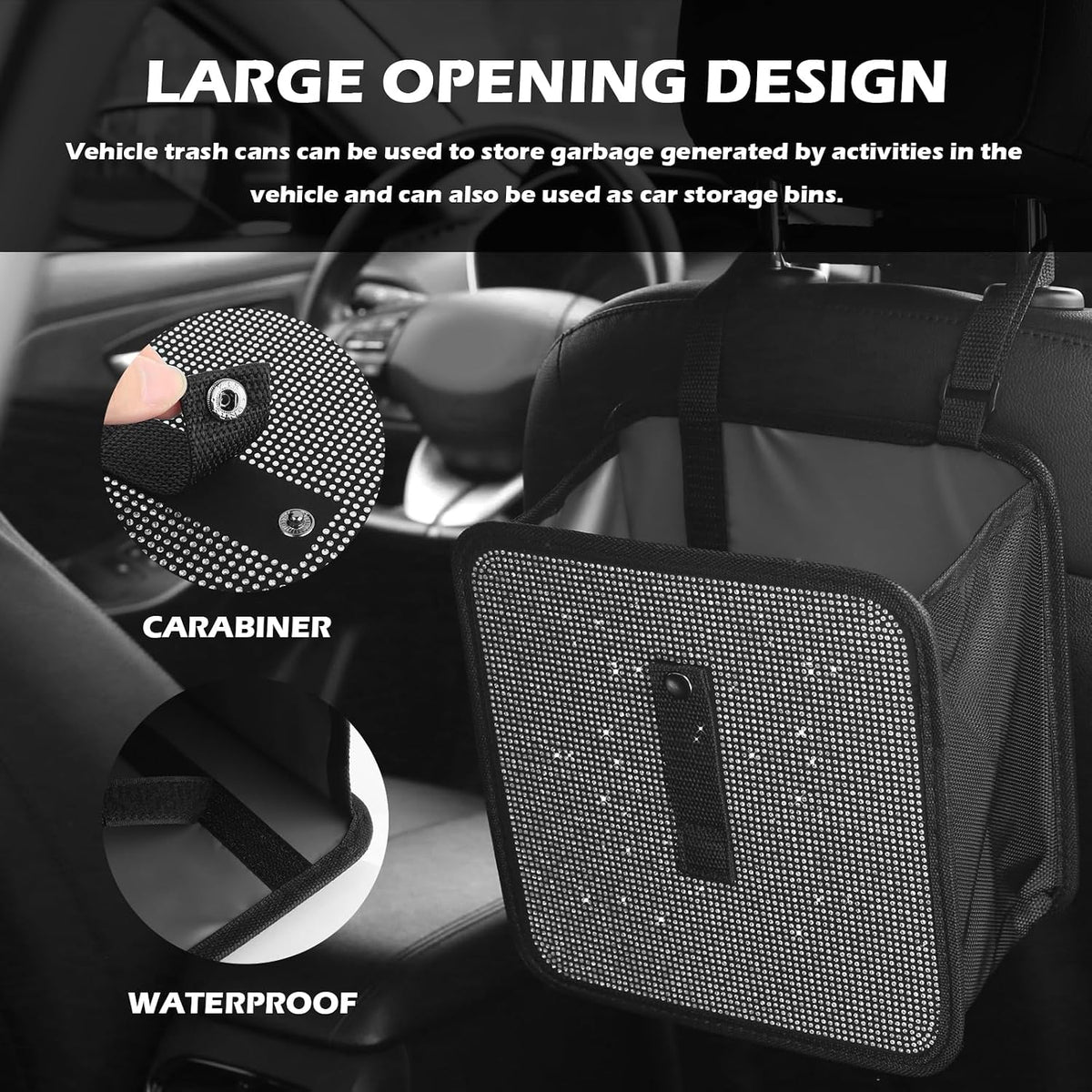 Bling Car Trash Can with Rhinestone,Foldable Car Garbage Can for in-Vehicle Waste Disposal,Multipurpose Hanging Back Seat Organizer & Decorations Fit for Most Cars Trucks