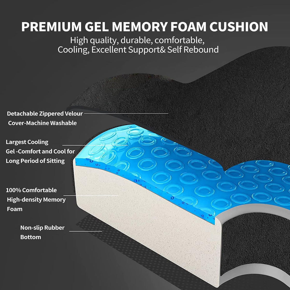 Gel Seat Cushion for Long Sitting - Memory Foam Chair Pillow for Sciatica Pain Relief - Orthopedic Gel & Memory Foam Coccyx Ppad for Tailbone Sick - Office Chair Cushion for Back Pain Grey