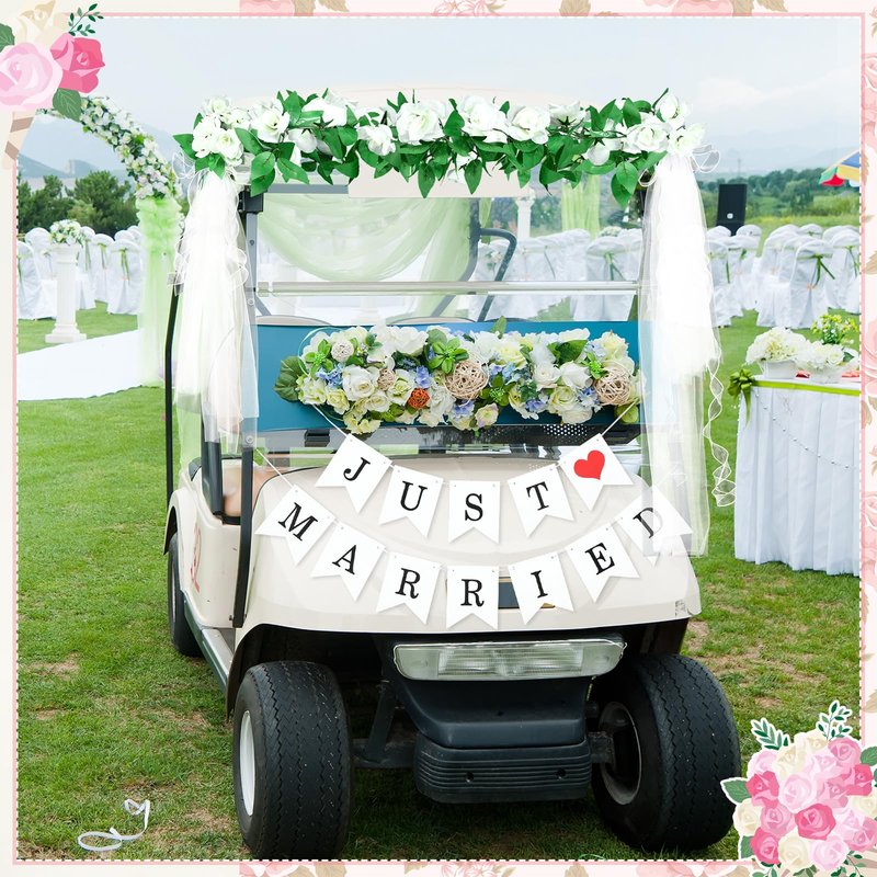 Wedding Golf Cart Decorations Golf Cart Rose Garland with Just Married Banner Sheer Chiffon Wedding Draping Fabric Accessories for Anniversary Decorations