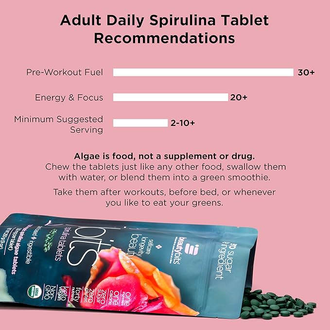 BEAUTYbits - Organic Spirulina Tablets - Algae Superfood - Collagen, Protein, Chlorophyll - Hair, Nails, & Skin Care - Vegan, Keto, Gluten Free - Self Care - Skincare Beauty Gifts - 1000 Tablet Bag