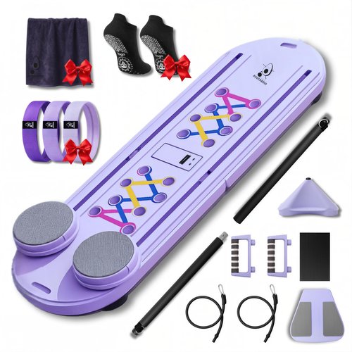 AVOCARDIO Foldable Pilates Reformer Board - Multifunctional 10-in-1 Set - Home Workout Equipment - Portable Home Gym Pilates Kit with Towel, Resistance Bands and Pilates Socks - Push Up and Abs Board