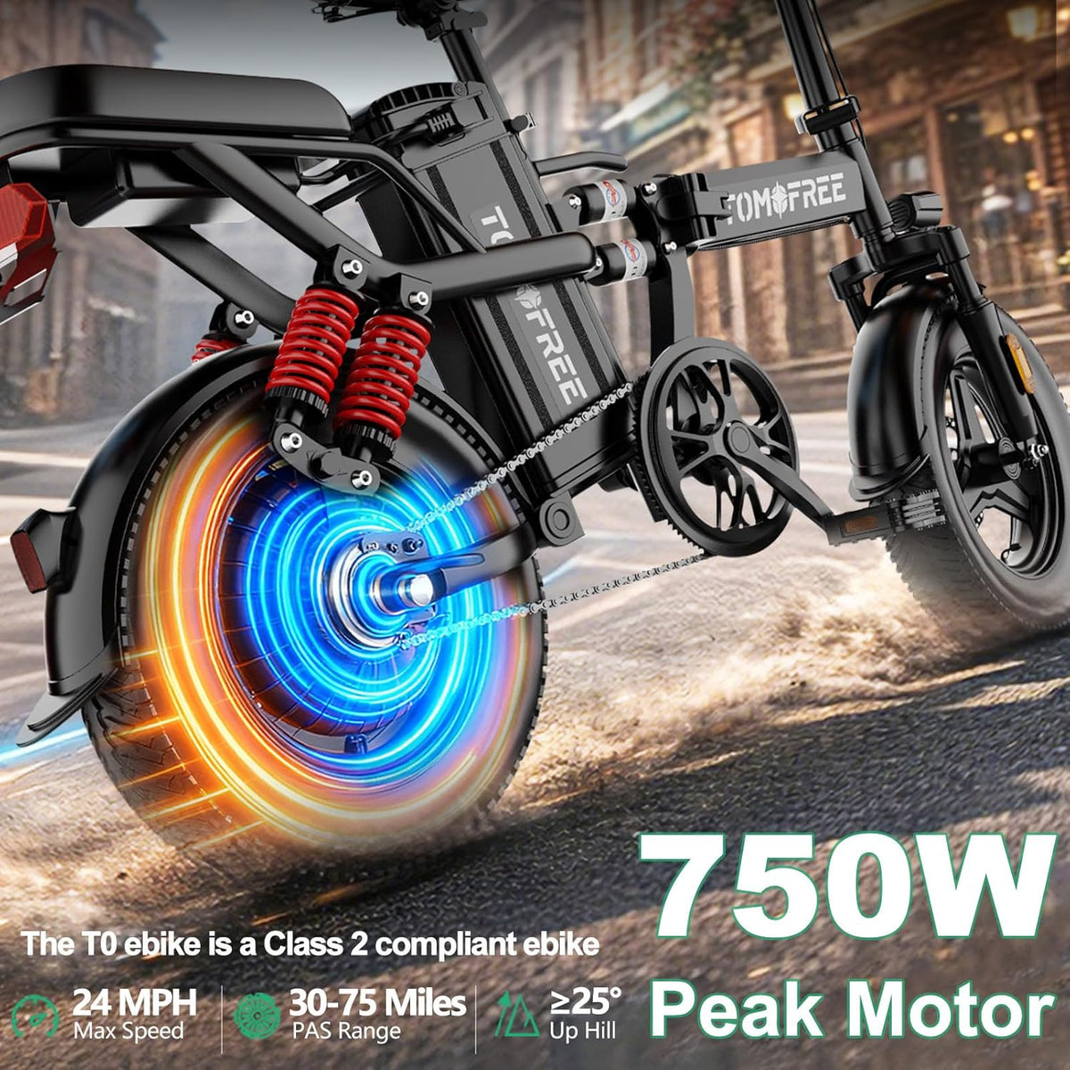 Tomofree Folding Electric Bike - 750W Peak Power, 20-24MPH, 48V 20AH Battery, 14" Fat Tires | 35-75 Miles Range