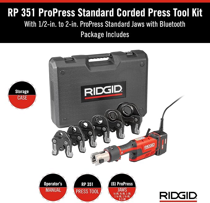 RIDGID 67193 Model RP 351 ProPress Standard Press Tool Corded Kit with Corded ProPress Tool, Press Tool Jaws (1/2" to 2"), and Case