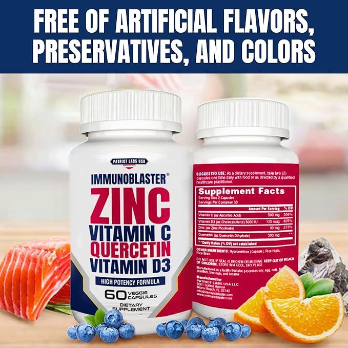 ImmunoBlaster Zinc Quercetin 500mg with Vitamin D and C Antioxidant Immune Support High Potency Quercetin Zinc Supplement for Men and Women - Gluten, Soy, & Dairy Free - 60 Count (Pack of 1)