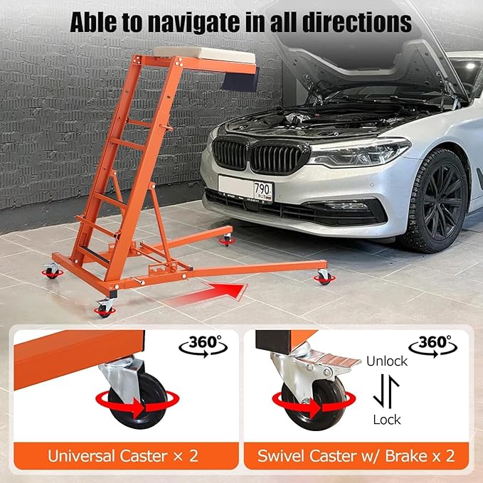 Automotive Top side Creeper, Adjustable Top Side Engine Creeper 48"-66", 400 LBS Capacity Heavy Duty Automotive Engine Creeper with Padded Deck & 4 Swivel Caster Wheels, Black Mat and Orange Body