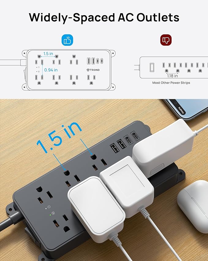TROND 360° Rotating Plug Power Strip, ETL Listed, Flat Plug 10ft Extension Cord, 2 USB-A and 2 USB-C, Wall Mountable, 7 Widely-Spaced Outlets, 1700J Surge Protector, for Home Office, Black