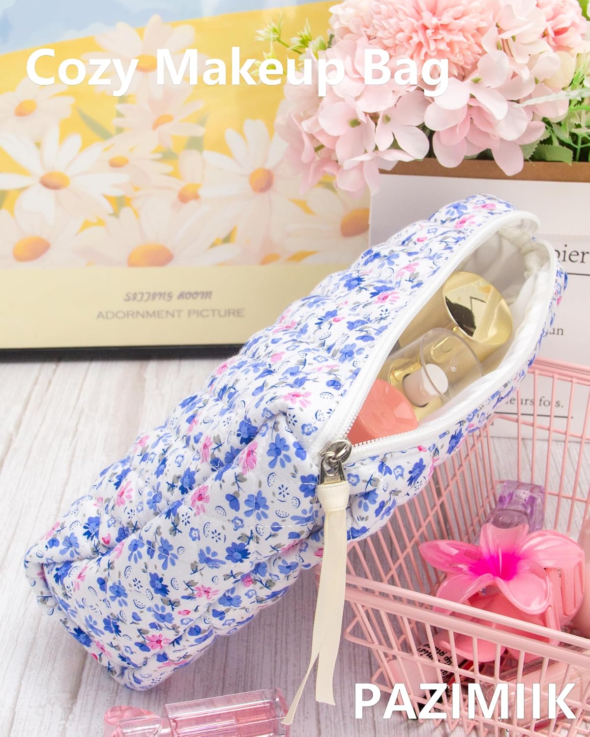 Quilted Makeup Pouch for Women, Travel Cosmetic&Toiletry Bag,Floral Blue