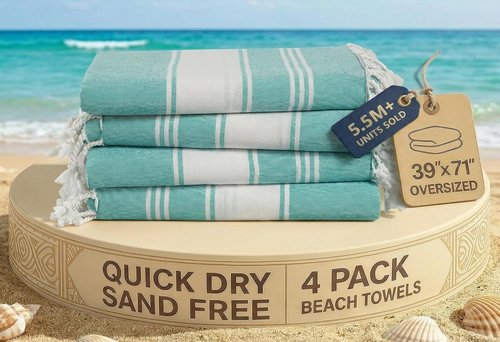 LANE LINEN Oversized Beach Towel - Quick Dry & Sand Free 4 Pack, Extra Large 39"x71", Hunter Green