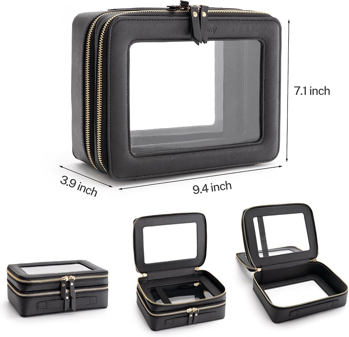 Aveniee XL Clear Makeup Organizer,Double Layer Travel Cosmetic Case with Brush Holder & Zippered Compartments,Big Toiletry Bag for Travel Accessories,2 Layers Large,Black