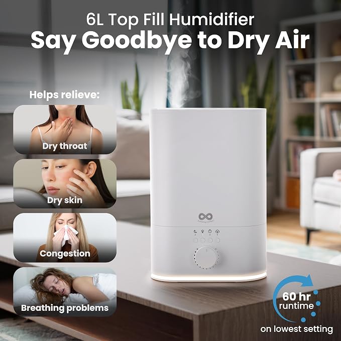 Everlasting Comfort 6L Top Fill Humidifier for Bedroom – Quiet, Easy to Fill & Clean, 60HR Runtime, Night Light, Timer, Ultrasonic Cool Mist, Auto Shut-Off, Essential Oil Compatible - White