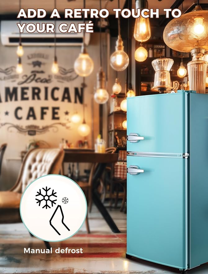 Anypro 3.2 Cu.Ft Refrigerator, Retro Double Door Fridge with Freezer, 7 Adjustable Temperature Settings, Removable Glass Shelves for Dorm, Office, Bedroom, Apartment, Blue