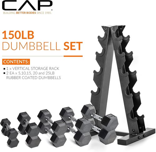 CAP Barbell 150 LB Hex Dumbbell Weight Set - Coated Weights with Vertical Rack | Multiple Options Available