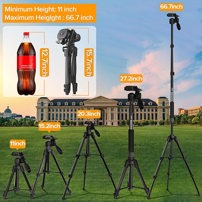 Camera Tripod 66.7 Inch, Patented 3-Way Rotating Portable Cameras Stand