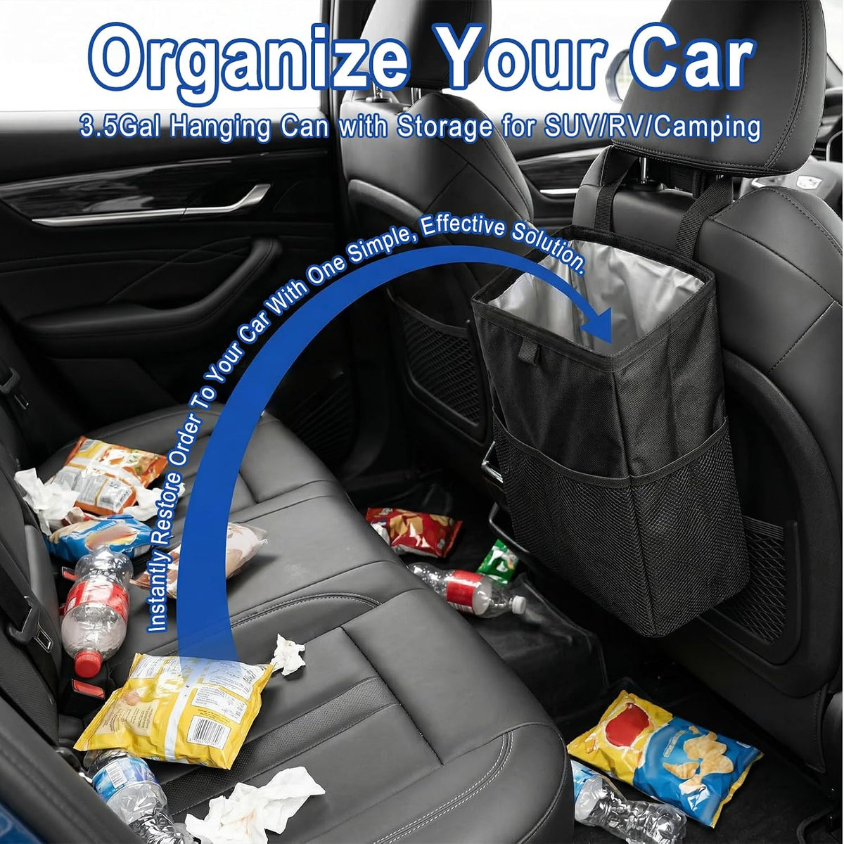 Waterproof Car Trash Bag with 50 Garbage Bag, 3.5 Gallon Hanging Leak-Proof Car Garbage Can for Back Seat with Storage Pockets, Foldable Hanging Trash Bin for Camping & Road Trips (Black)