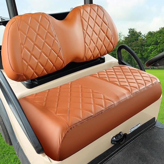 Golf Cart Seat Cover for Club Car Brown Precedent Ordinary Front Seat Cushion, Thick Vinyl Leather Custom Diamond Comfortable, Adjustable Straps and Retractable Buckle/No Nails Required
