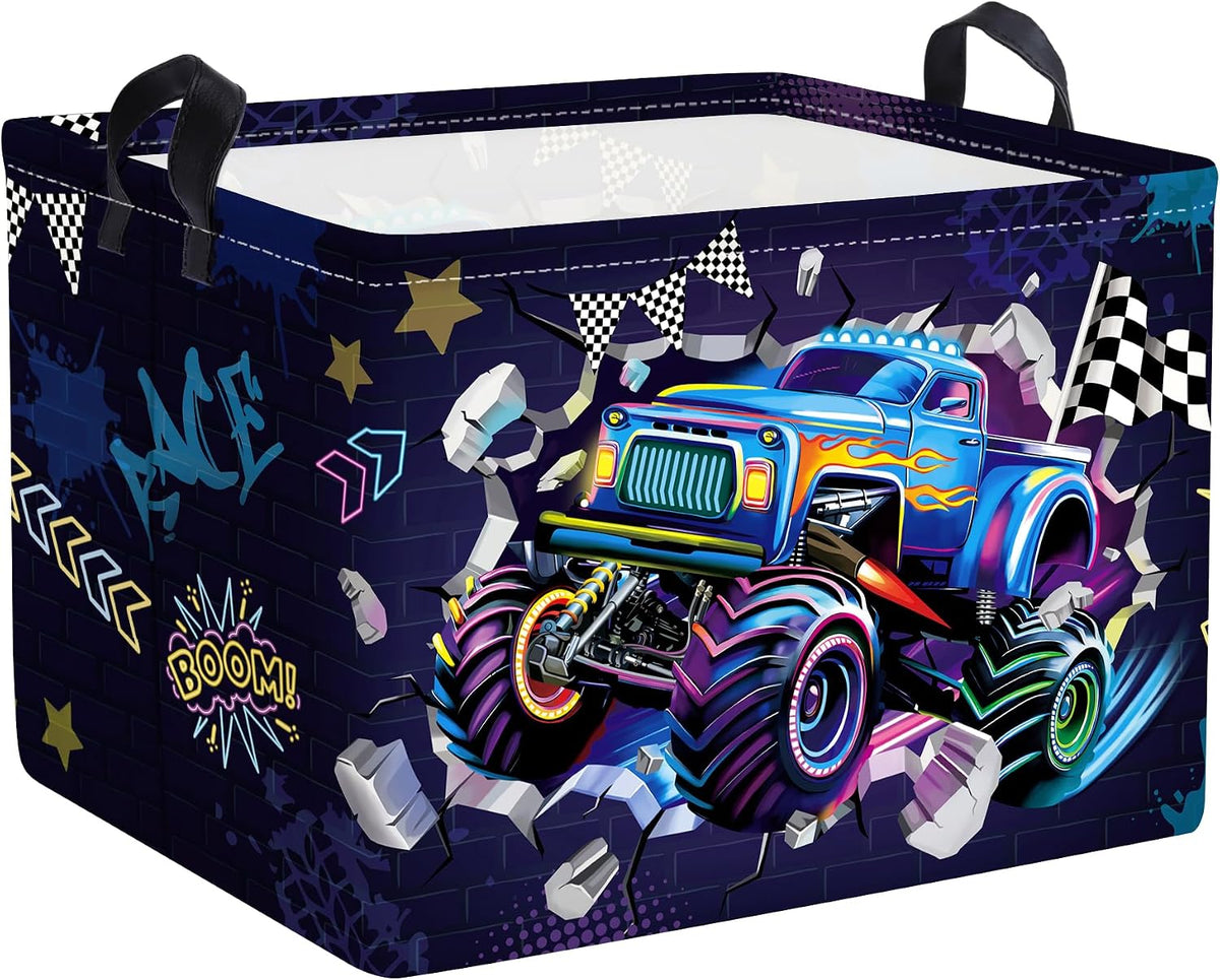 Clastyle Sport 3D Racing Car Boy Room Basket Racing Flag Monster Truck Toy Book Shelf Basket Large Rectangle Collapsible Dirty Clothes Storage Bin, Black, 40 * 30 * 30 cm