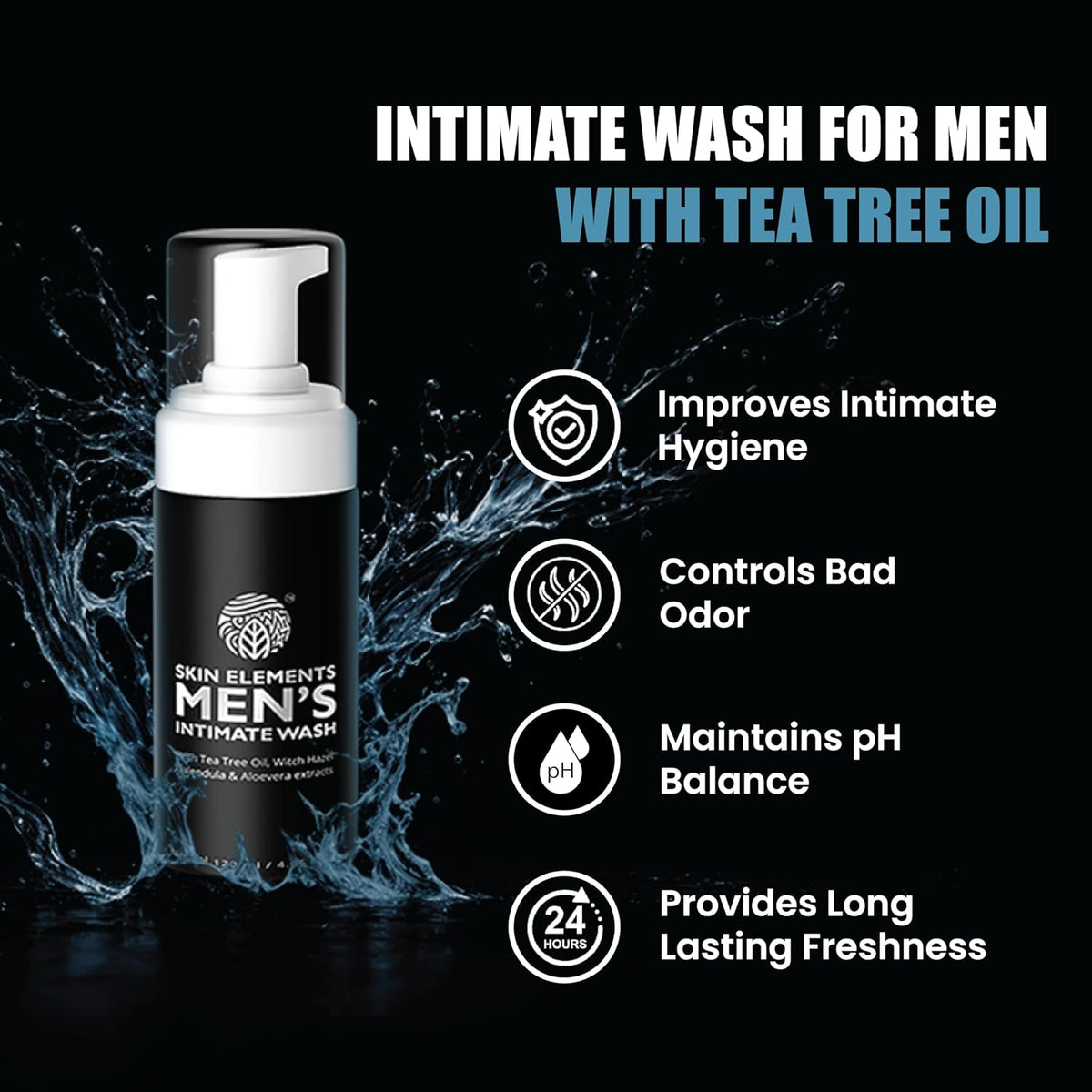 Skin Elements Intimate Wash for Men - pH Balanced Foaming Cleanser with Tea Tree Oil & Aloe Vera | 4.05 fl. oz.