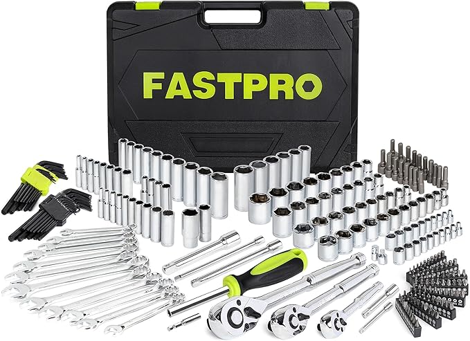 FASTPRO 249-Piece Mechanics Tool Set, 1/2", 3/8", 1/4" Socket Set, SAE and Metric Socket Wrench Set, Include Combination Wrenches, Ratchets, Hex Keys, Tool Kit for Auto Repairs and Maintenance