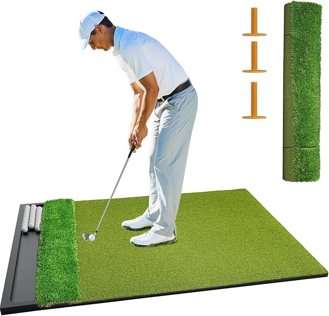 Golf Hitting Mat with Ball Tray 5x4ft - 6x4ft Dual-Turf Practice Mat for Indoor & Outdoor Use Golf Training Mat with Rubber Tee Holes, Suitable for Swing Driving & Chipping