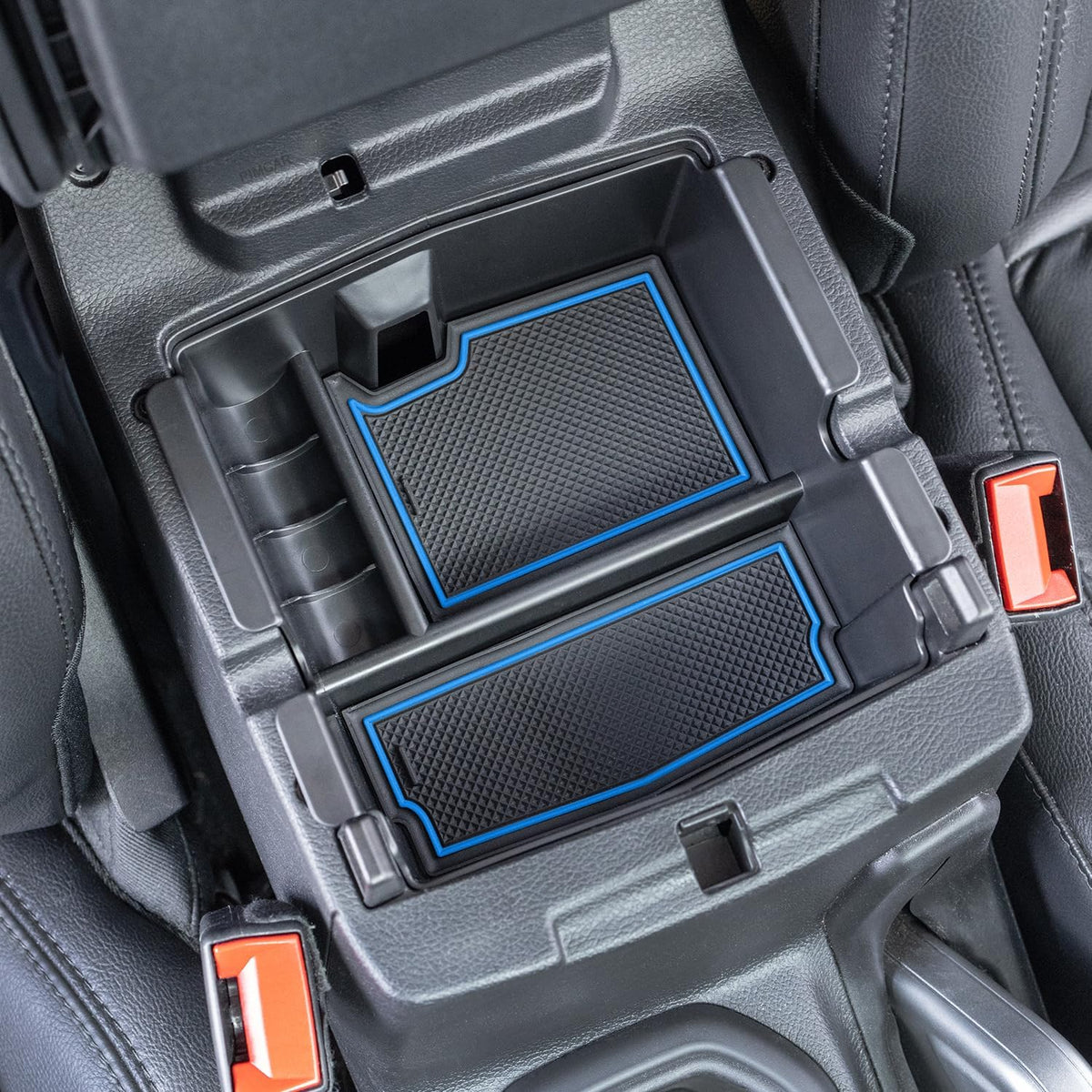 PIMCAR Center Console Organizer for Jeep Wrangler JL/JLU (2018-2026) & Gladiator JT (2020-2026) | Armrest Storage Tray | Interior Accessories (Not for JK/JKU) | Blue Liner Trim