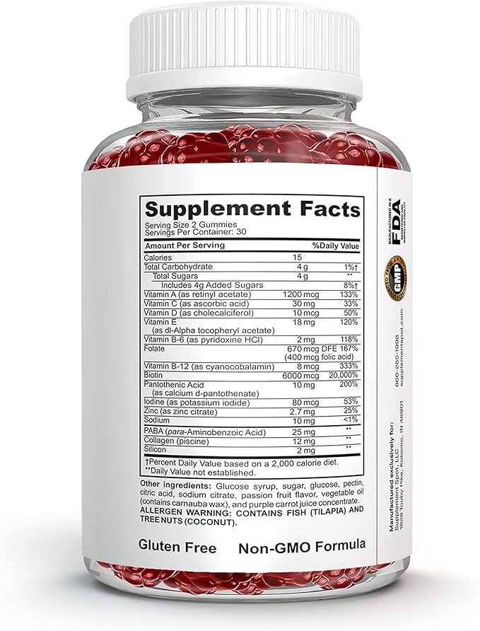 Hair Skin and Nails Vitamins, 6000 mcg Biotin Gummies w/Collagen, Passion Fruit Flavored Hair Vitamins, Gluten Free Collagen Supplements (60 Count)
