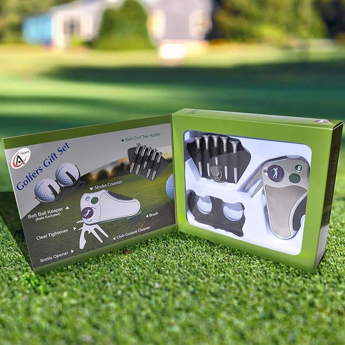 Golfer's Best Golf Gift Set: Tool - Stroke Counter, Divot Tool Repair, Brush, Ball Marker, Cleat Tightener, Club Groove Cleaner Belt Tee Holder Tees Belt Ball Holder - Gift Idea For Men Women